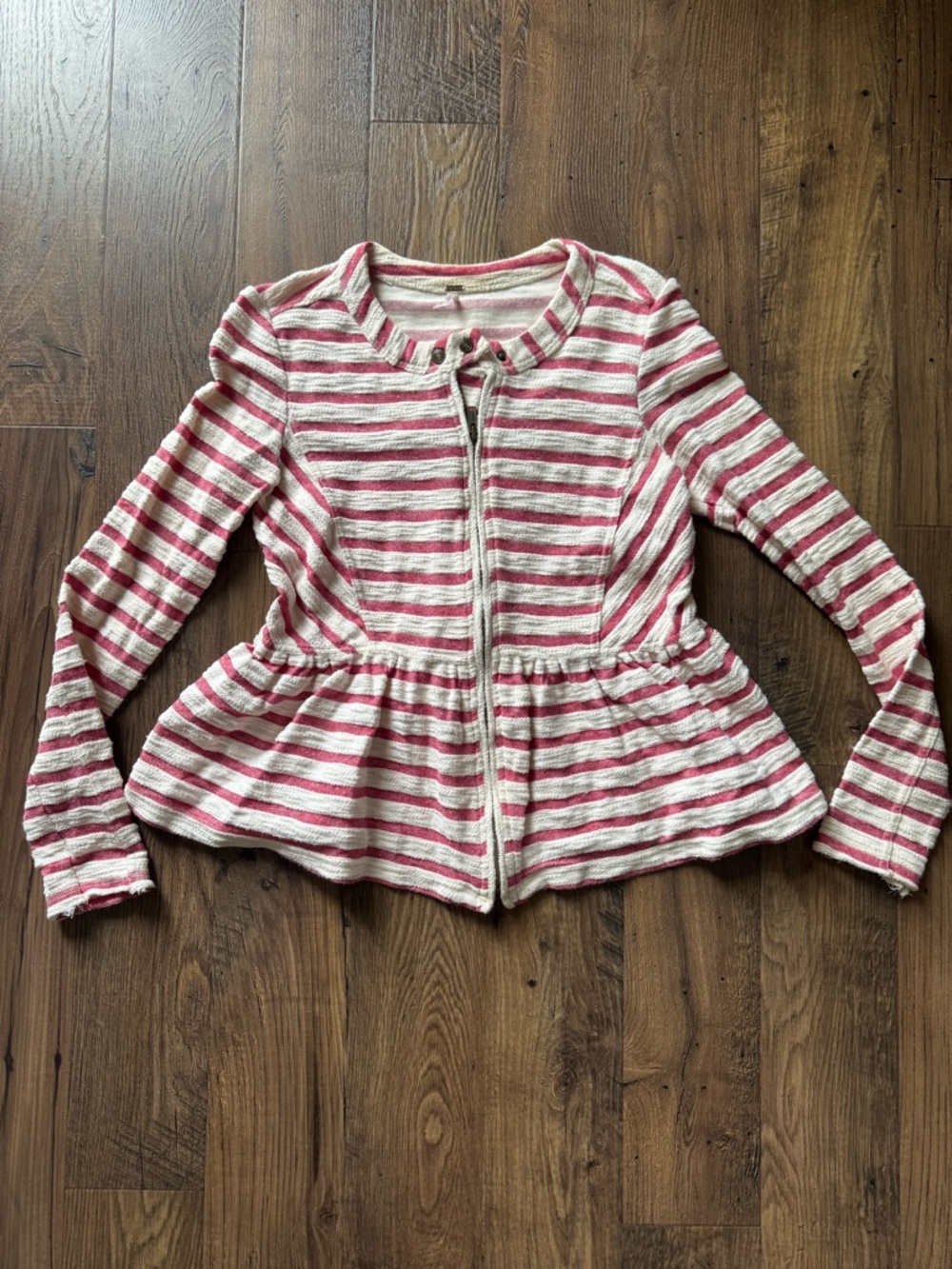 Free People Red and White Striped Textured Peplum Jacket  with zipper